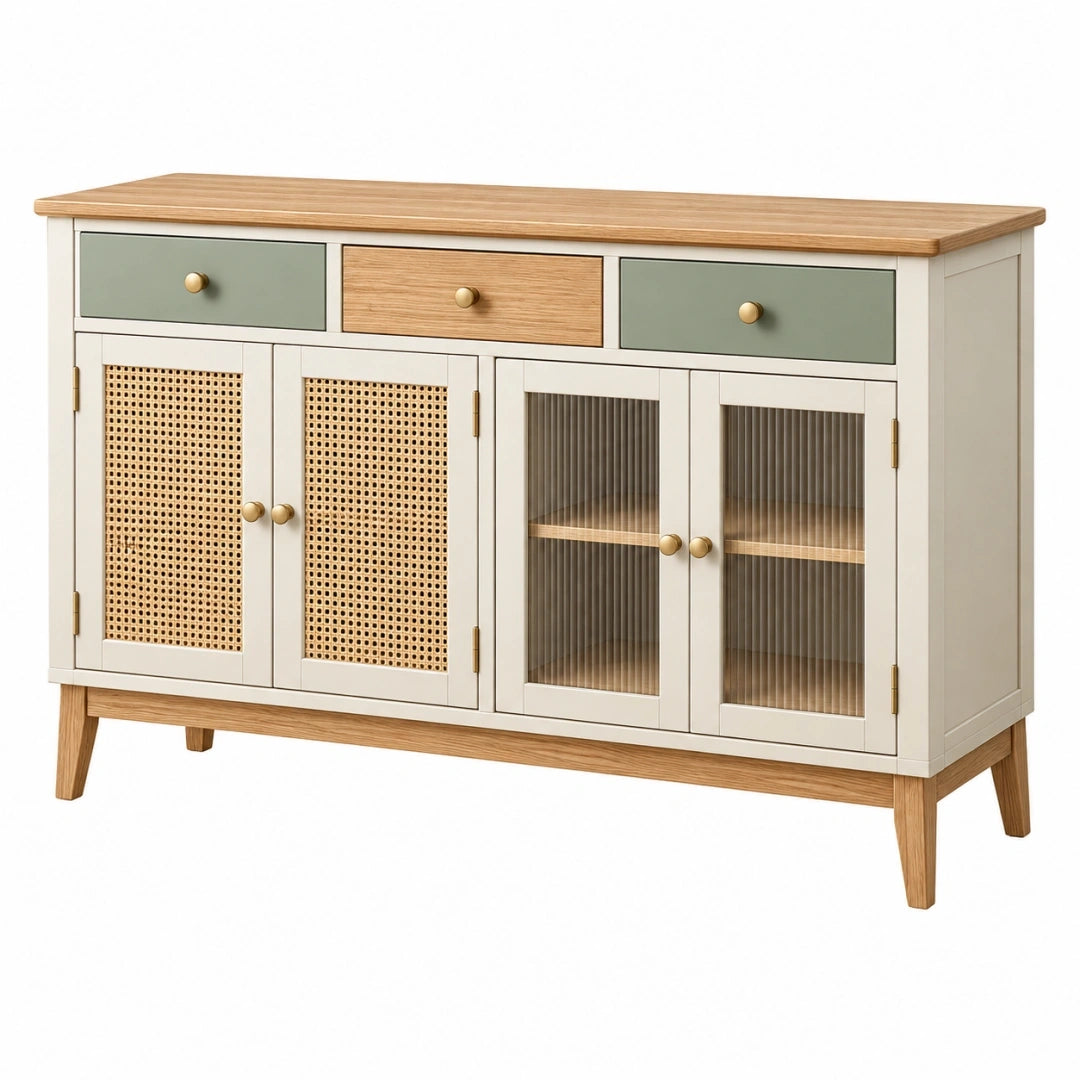 Aparador 140 cm de madera crema y verde con ratán y puertas de vidrio