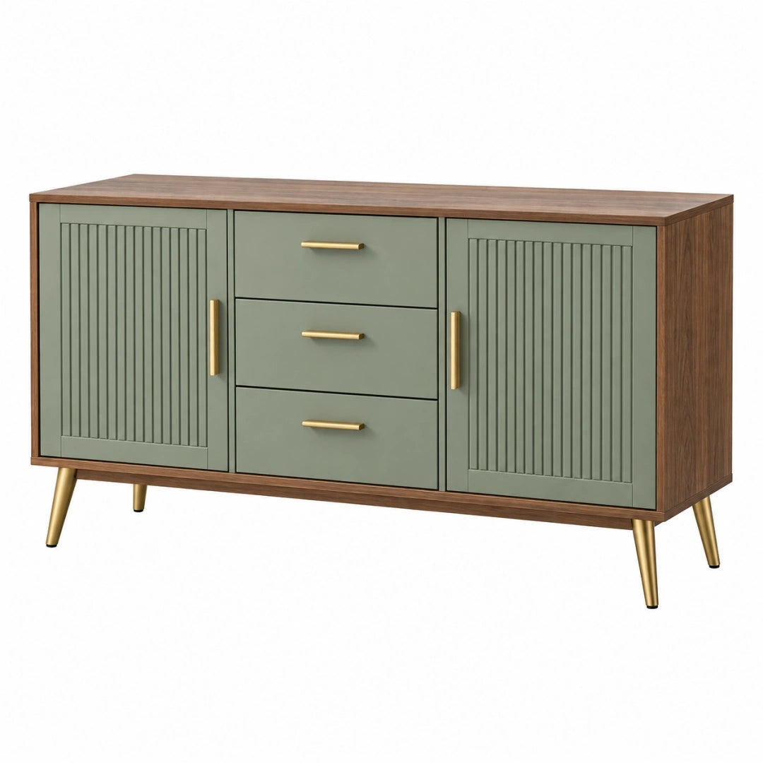Aparador 160 cm de tablero de madera verde salvia y nogal con 3 cajones estilo retro