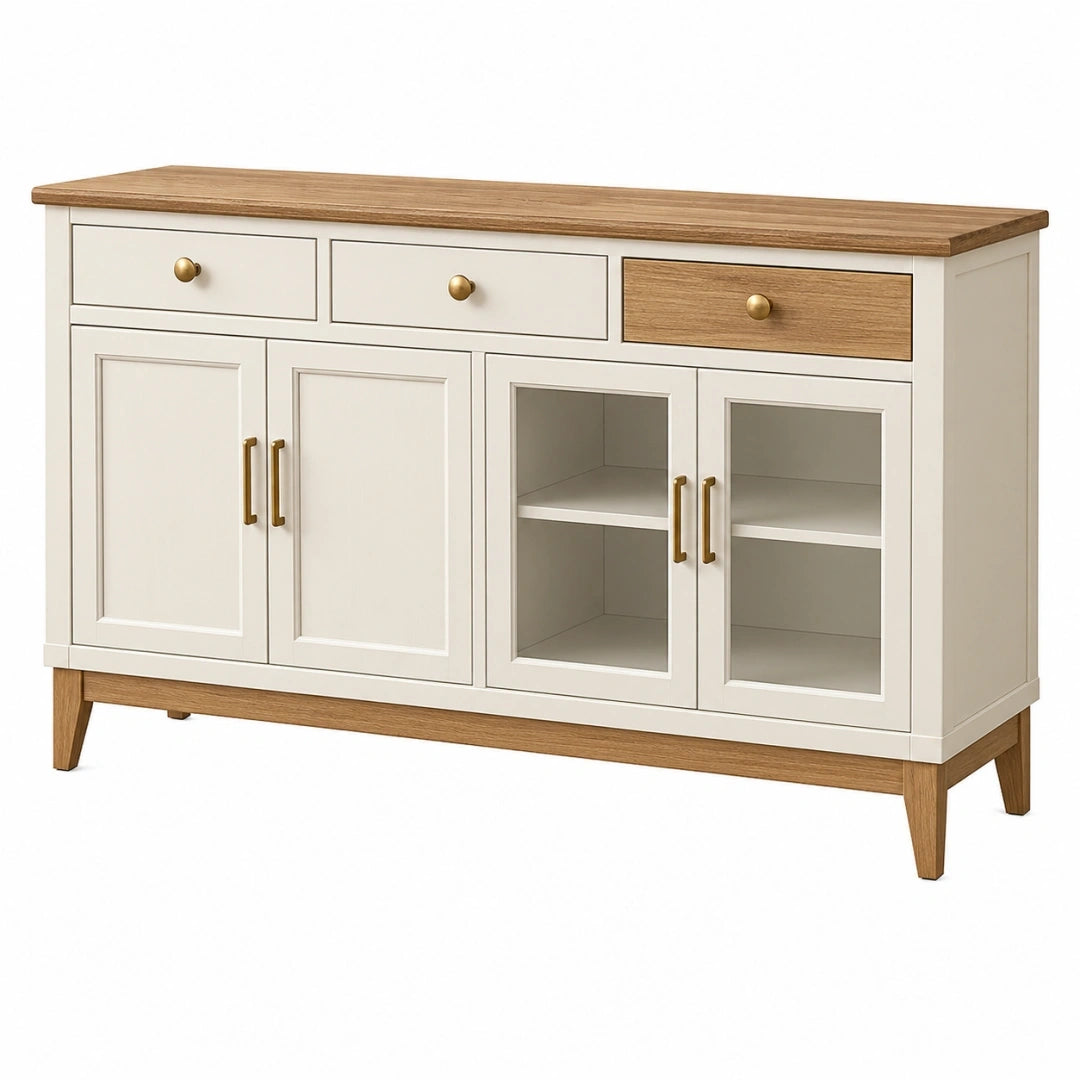 Aparador 160 cm de madera y vidrio blanco y roble - almacenamiento de estilo clásico