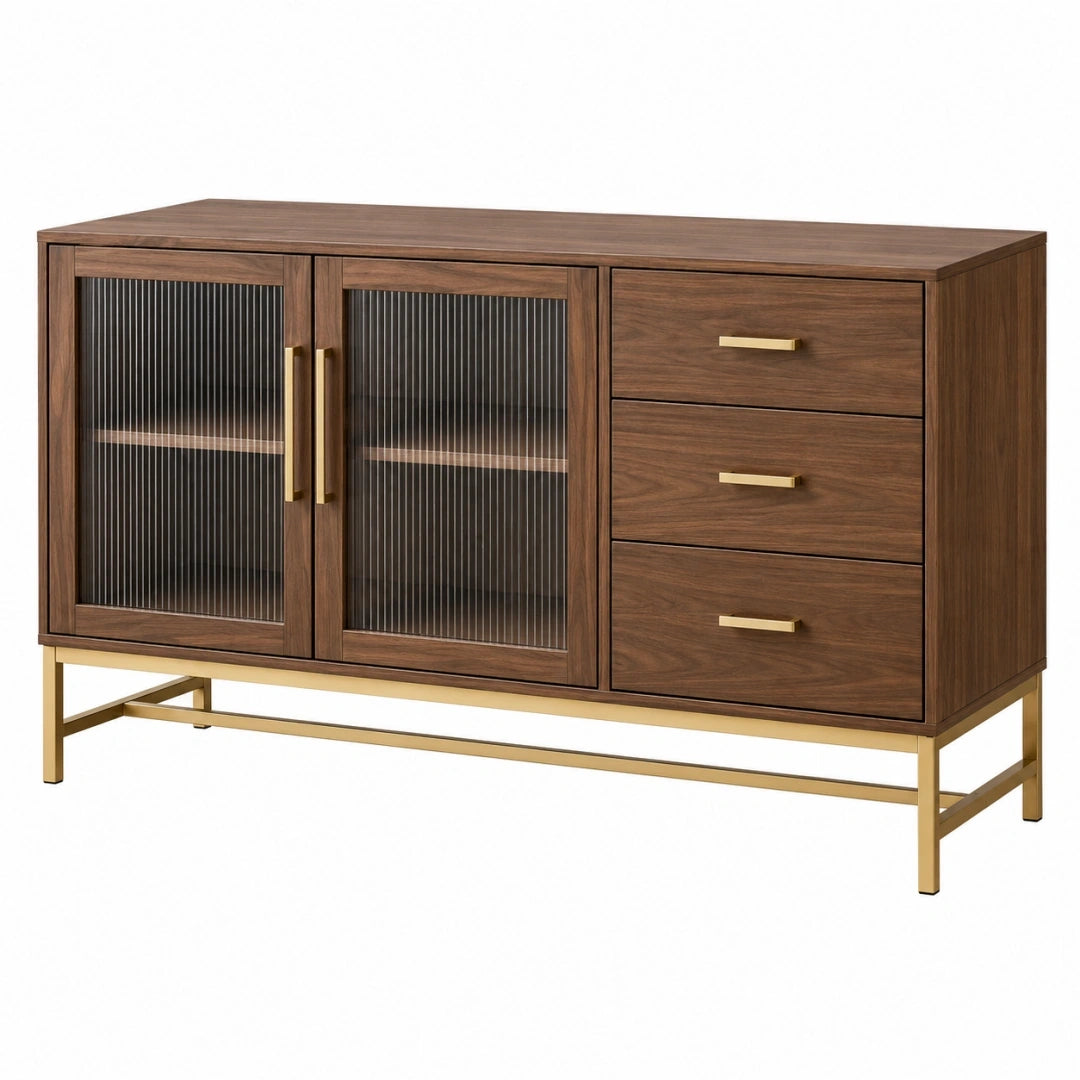 Aparador 160 x 45 x 85 cm efecto madera nogal con vidrio acanalado para salón estilo moderno