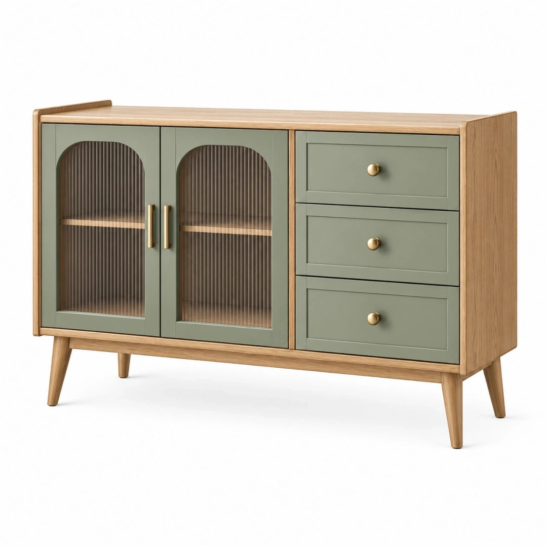 Aparador 120 x 40 x 85 cm de madera verde y natural con cristal acanalado - almacenaje nórdico