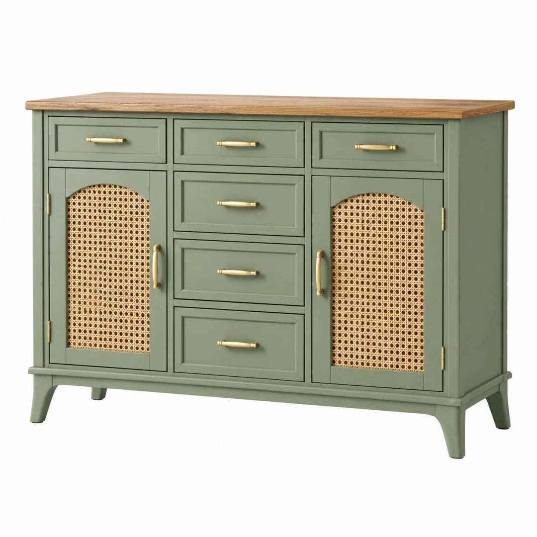 Aparador 120 x 40 x 90 cm de madera verde con rejilla de ratán - almacenaje de estilo vintage