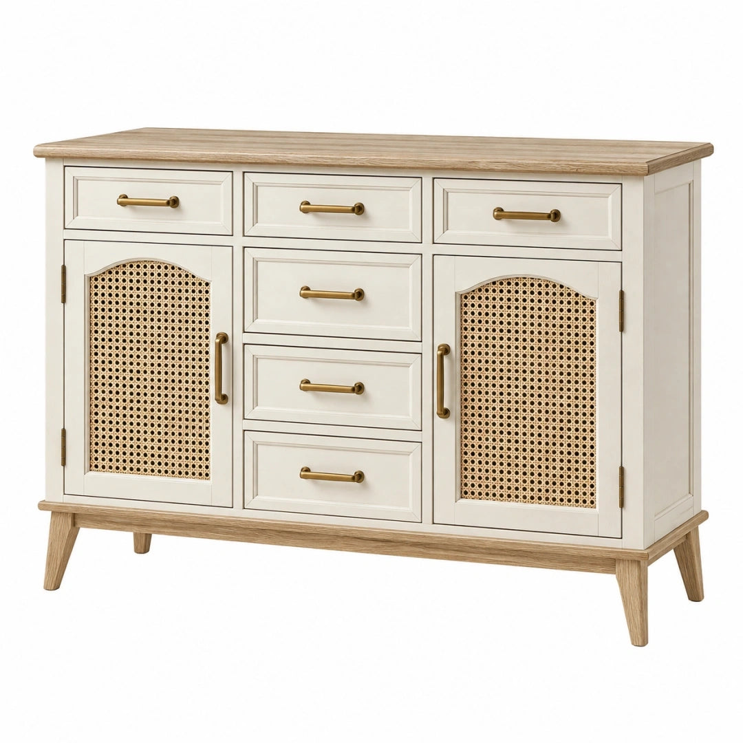 Aparador 140 x 45 x 90 cm de madera blanco y natural con ratán - almacenamiento de estilo campestre