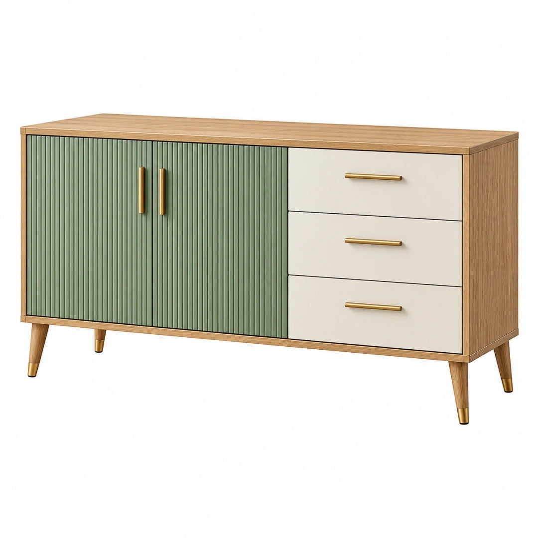 Aparador 150 x 40 x 80 cm de madera natural verde y crema con cajones estilo moderno