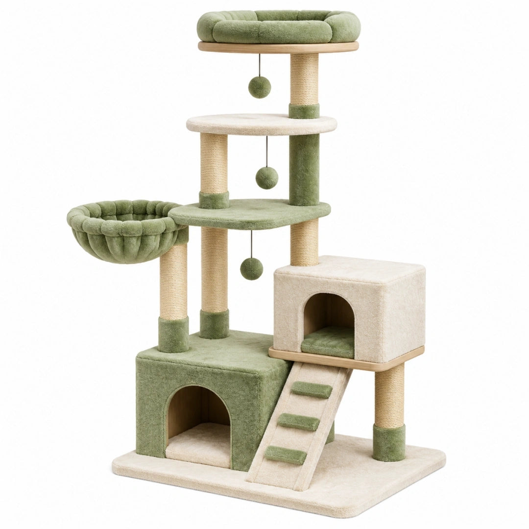 Árbol rascador para gatos 60 x 50 x 160 cm de sisal y felpa verde y beige con casetas y plataformas
