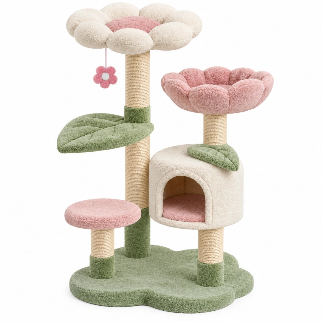 Árbol rascador para gatos 60 x 50 x 120 cm de felpa y sisal verde rosa y crema