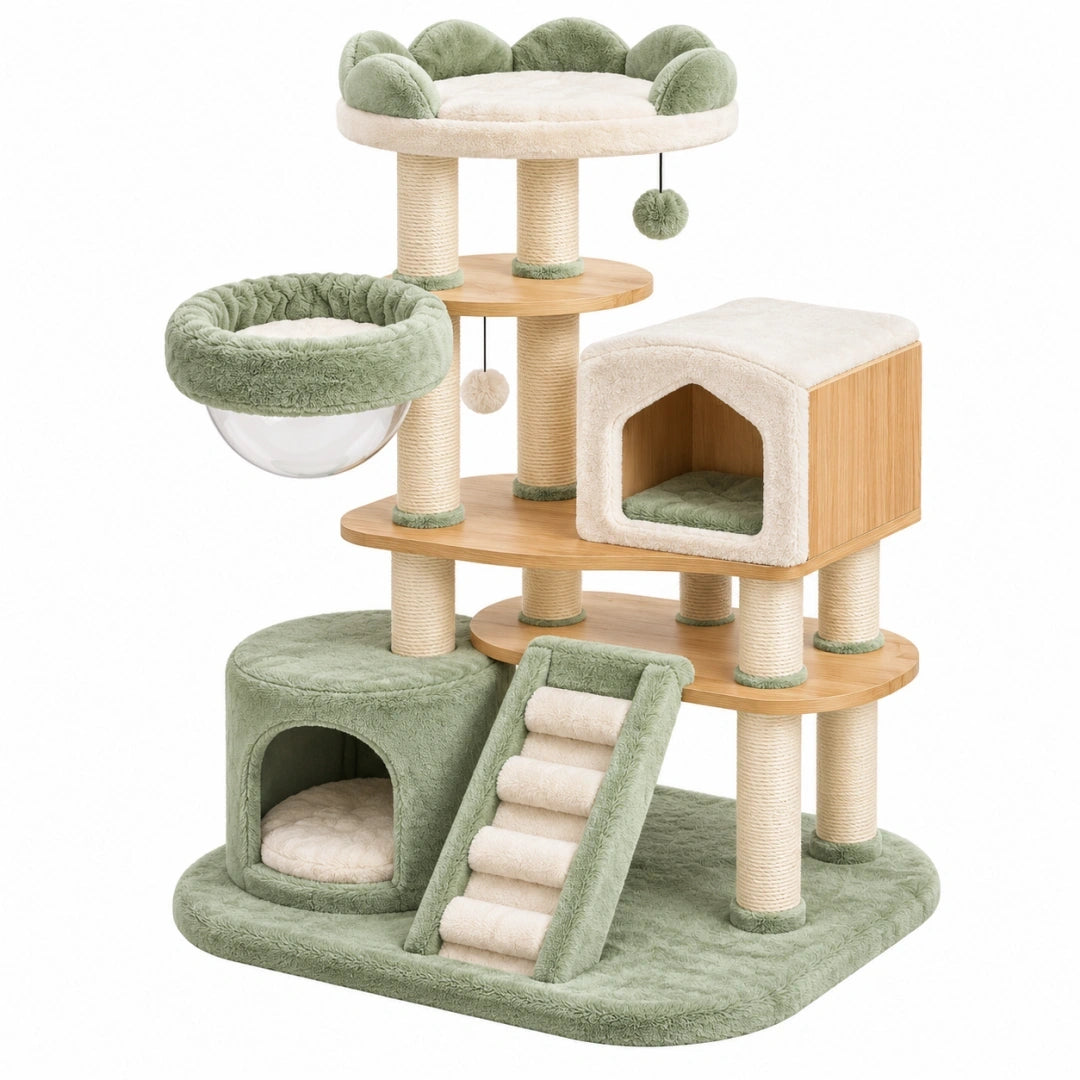 Árbol rascador para gatos 60 x 50 x 135 cm beige y verde de sisal y felpa multinivel