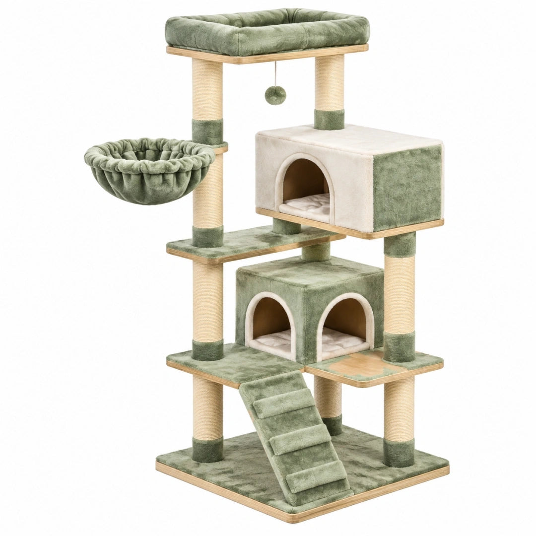 Árbol rascador para gatos 60 x 50 x 145 cm de felpa verde con postes de sisal y refugios