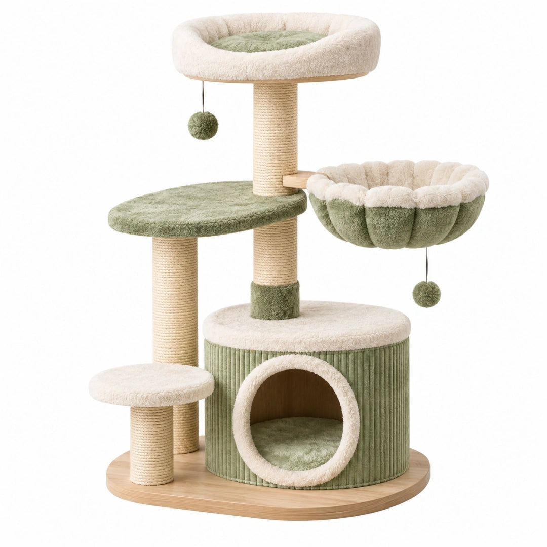 Árbol rascador para gatos 60 x 50 x 110 cm de sisal y felpa verde y crema con cueva y plataformas