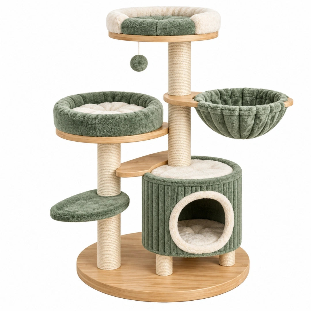 Árbol rascador para gatos 60 x 60 x 145 cm de madera sisal y felpa verde y beige con cueva y hamacas