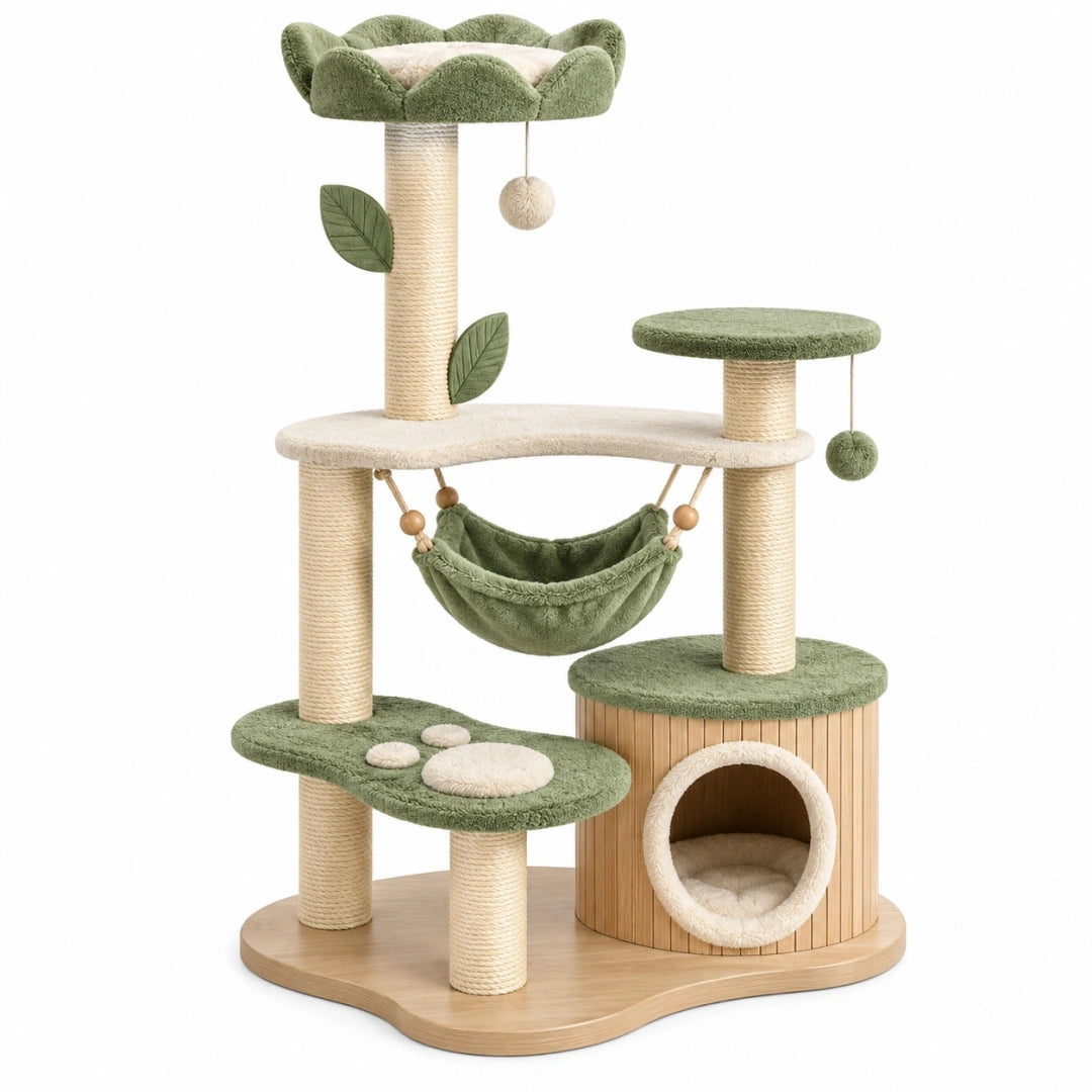 Árbol rascador para gatos 60 x 50 x 150 cm de sisal y madera verde y beige con cueva hamaca y plataformas