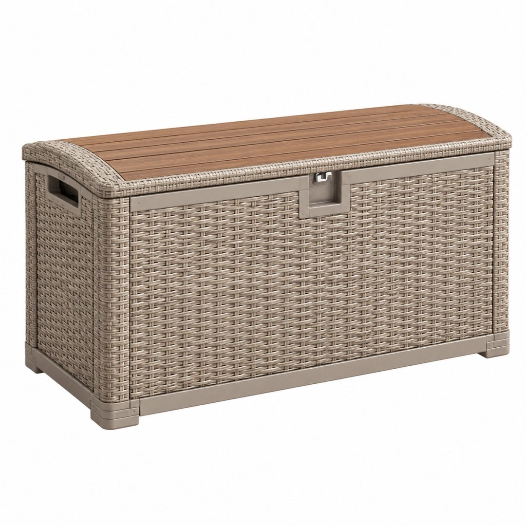 Arcón de almacenaje 122 x 61 x 63 cm de ratán sintético beige y madera para exterior - estilo contemporáneo