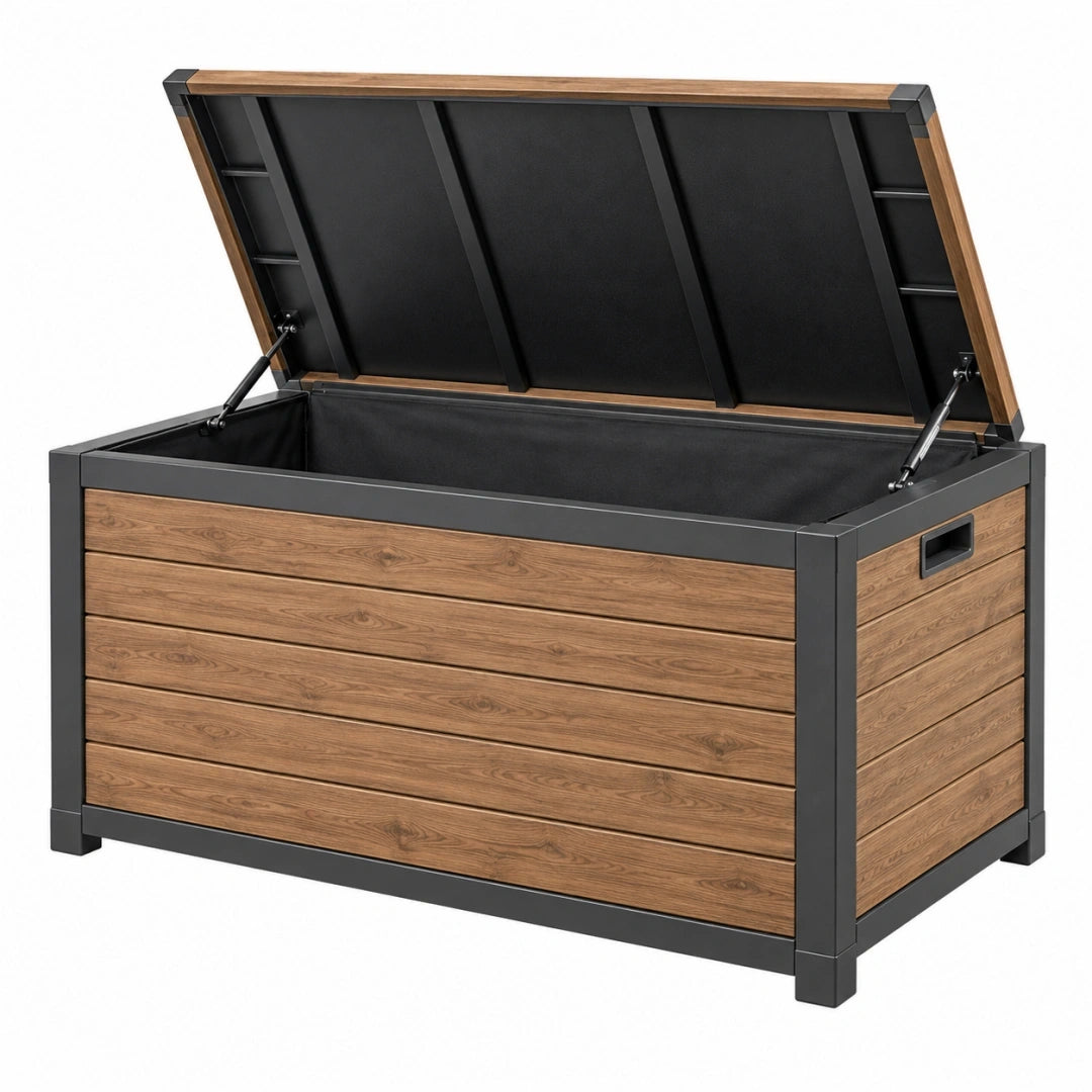 Arcón de almacenaje 120 cm de madera y acero negro para exterior con tapa elevable