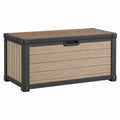 Baúl de almacenamiento exterior 120 x 60 x 65 cm con acabado efecto madera y estructura metálica marrón negro
