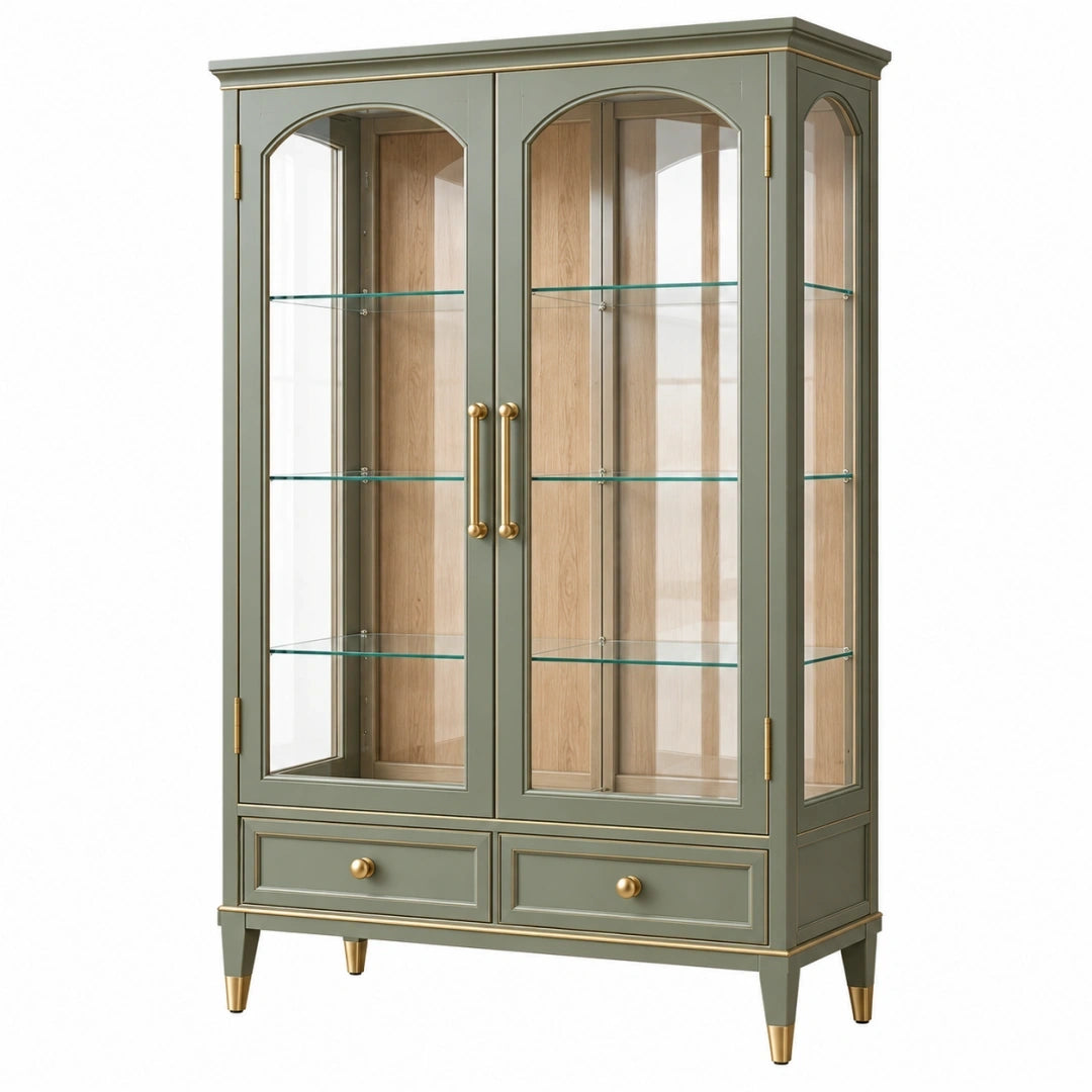 Vitrina 100 x 42 x 180 cm de madera y vidrio verde grisáceo con cajones estilo clásico