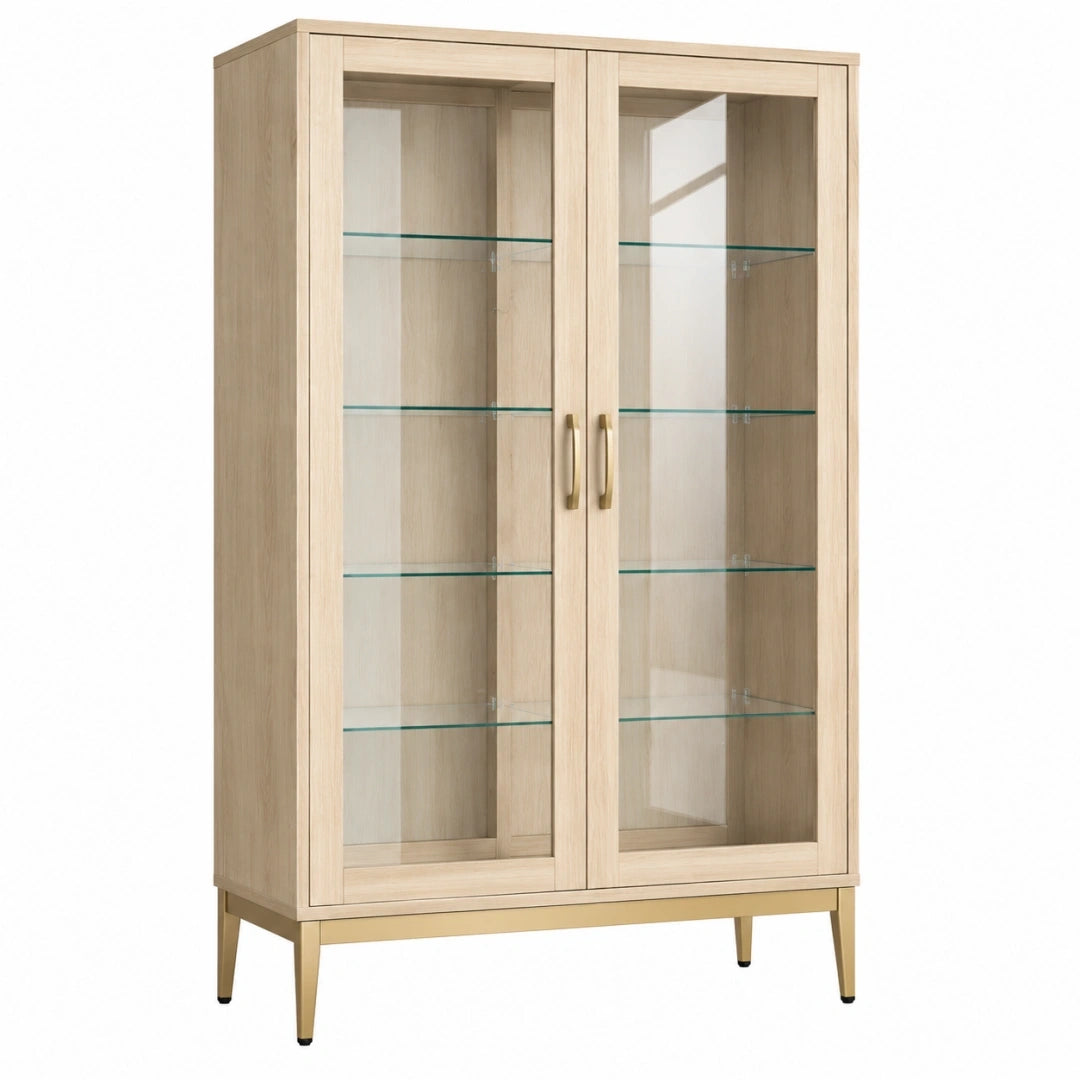 Vitrina 90 x 40 x 180 cm de madera color roble con puertas de vidrio y patas metálicas