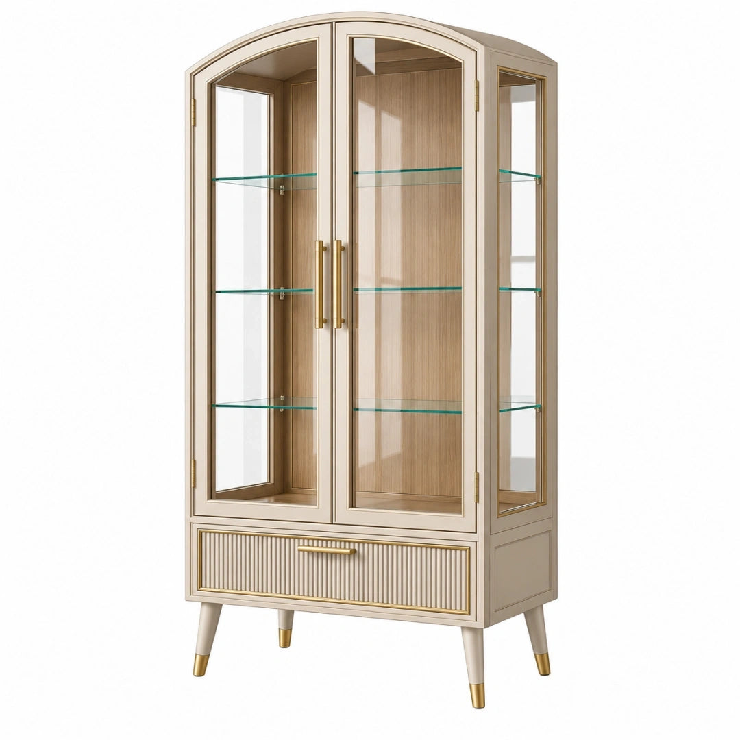 Vitrina 90 x 40 x 180 cm de madera y vidrio beige con cajón estilo clásico