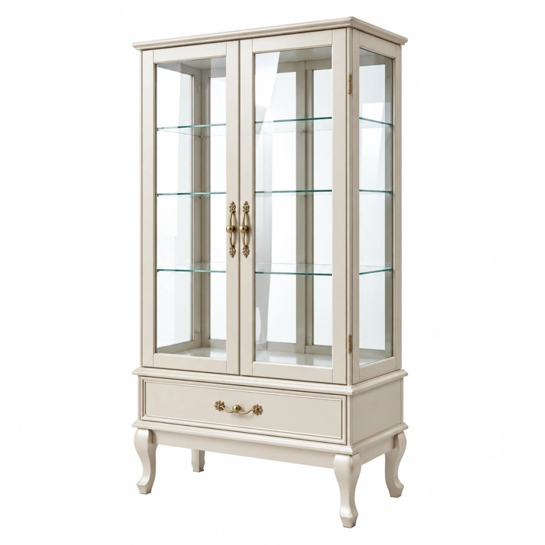 Vitrina de 85 x 40 x 180 cm de madera y vidrio color crema con cajón estilo clásico