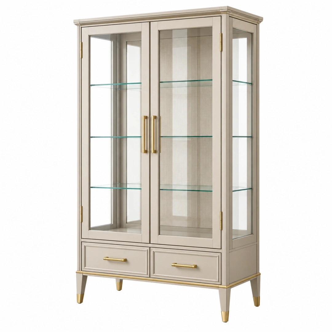 Vitrina 90 x 40 x 180 cm de madera beige con vidrio y cajones estilo clásico