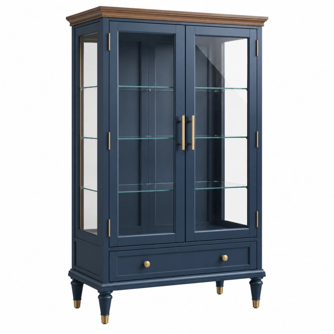 Vitrina 100 x 45 x 190 cm de madera y vidrio azul marino estilo clásico con cajón