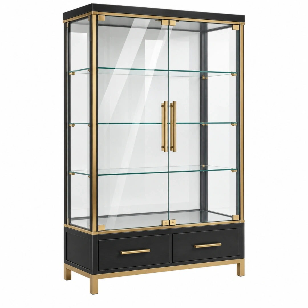Vitrina 90 x 40 x 180 cm de vidrio transparente y metal negro dorado con cajones