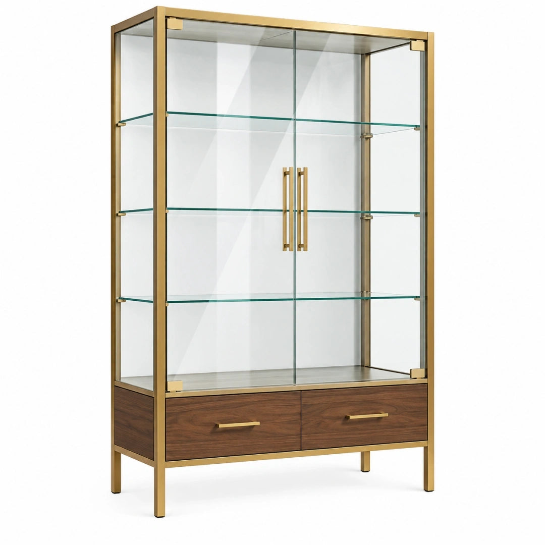 Vitrina 100 x 40 x 180 cm de vidrio y metal dorado con cajones estilo moderno