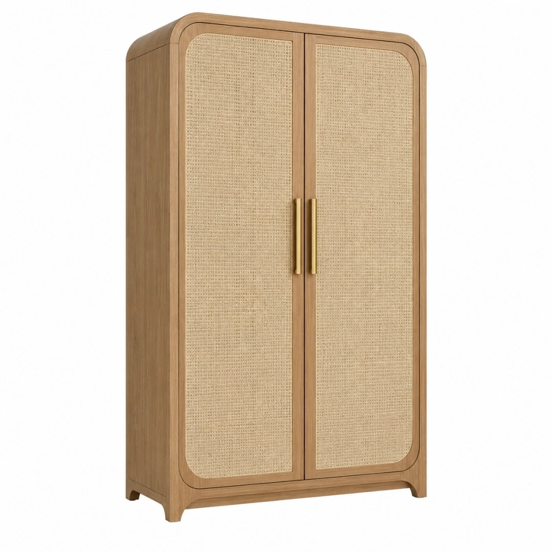 Armario 100 x 55 x 190 cm de madera marrón con rejilla de ratán - almacenaje de estilo natural