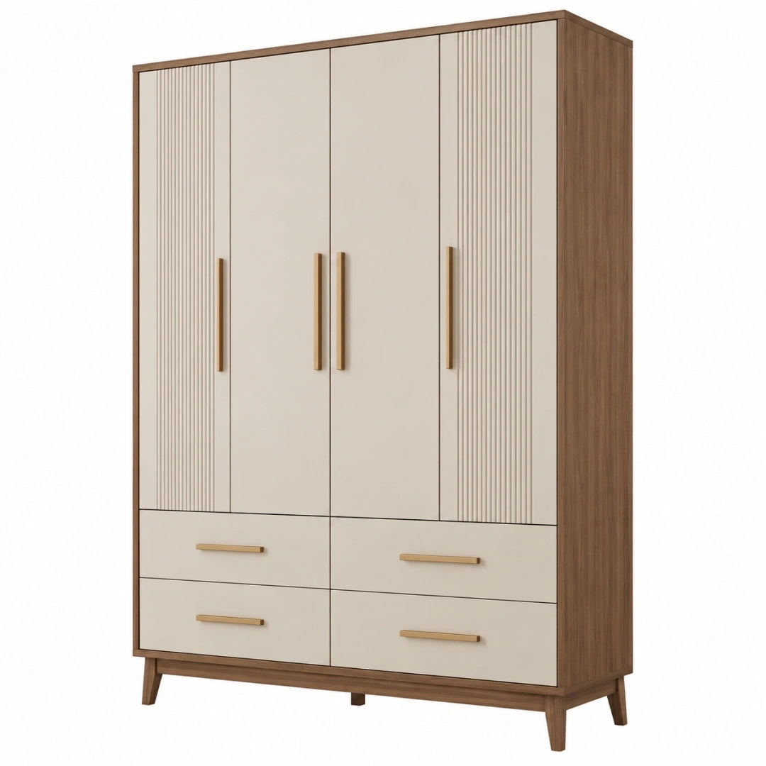 Armario 120 x 50 x 200 cm de madera beige y nogal con 4 puertas y 4 cajones