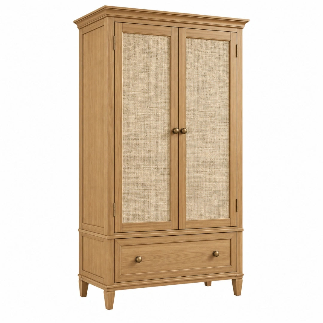 Armario 100 x 55 x 200 cm de madera natural y fibra trenzada con 2 puertas 1 cajón estilo clásico
