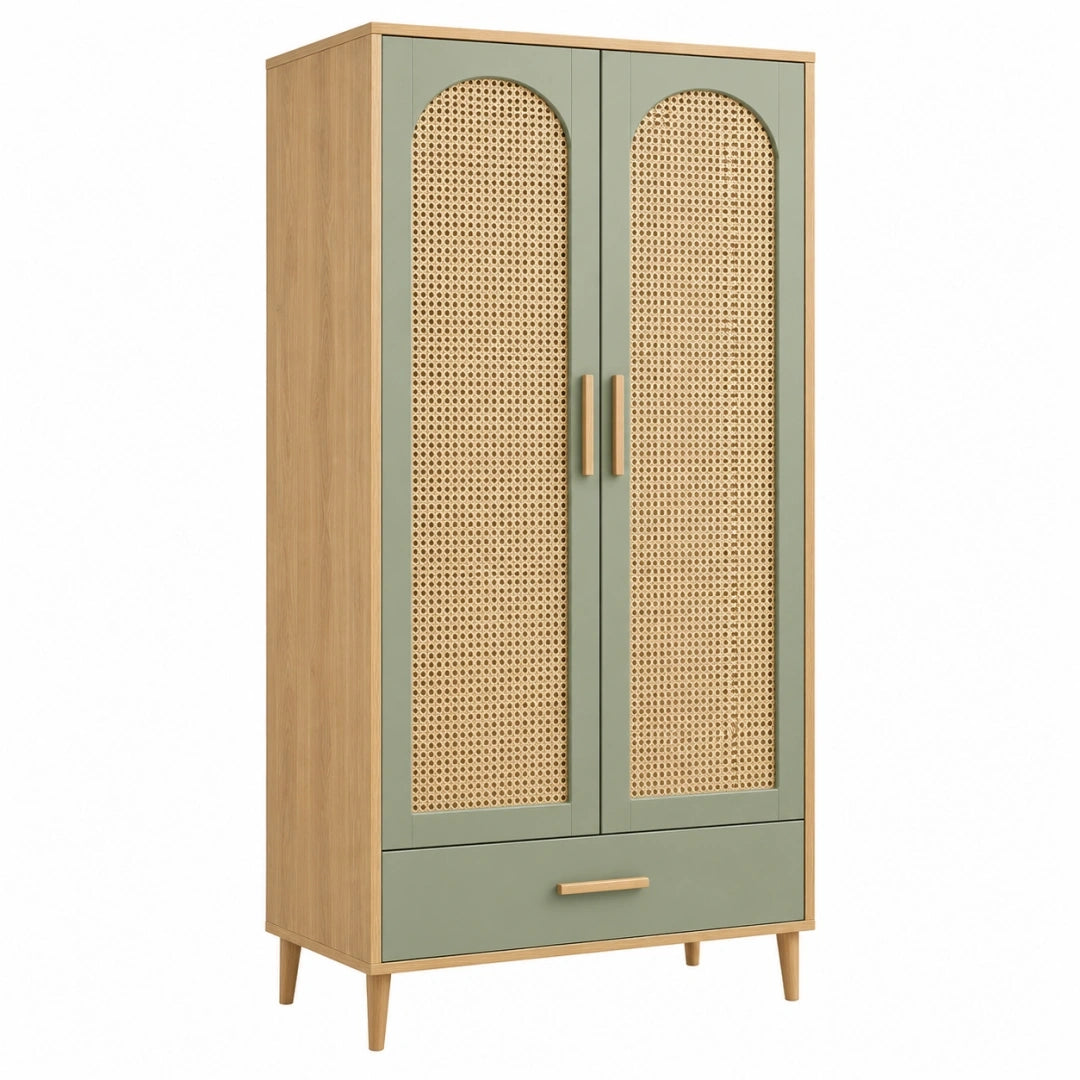 Armario 80 x 40 x 180 cm de madera verde salvia con rejilla trenzada estilo nórdico